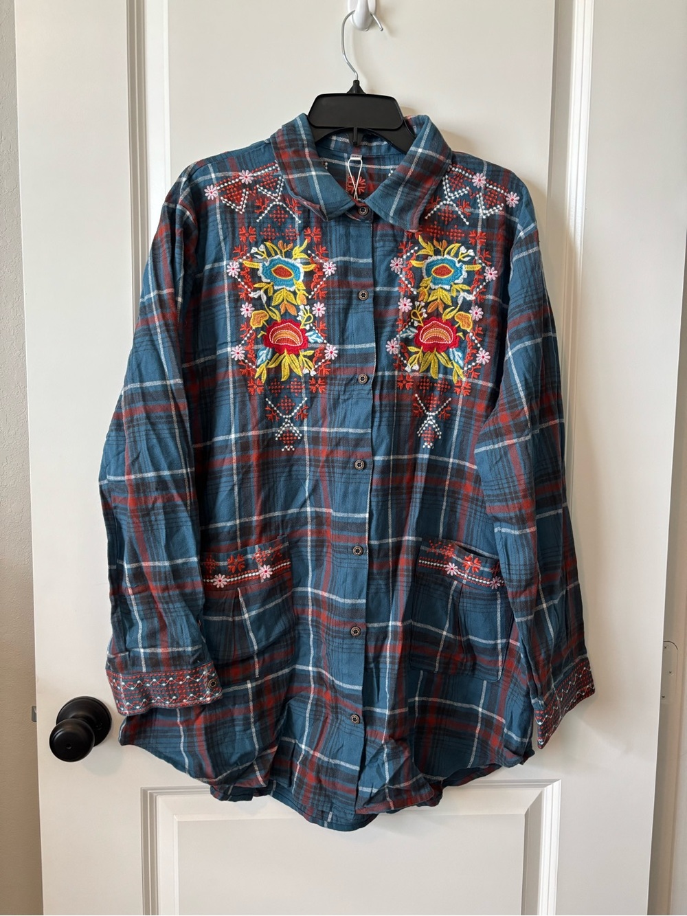 KOMILI 3XL Embroidered Plaid Button Front Tunic Shacket Boho Floral Top NEW - Picture 3 of 7